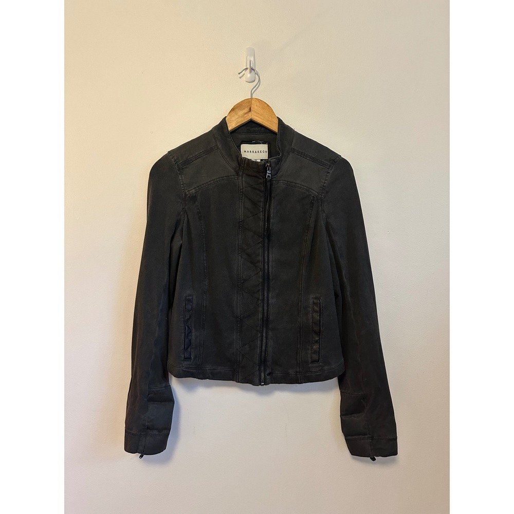 Marrakech Faded Black Stretch Cotton Moto Jacket | Size Medium